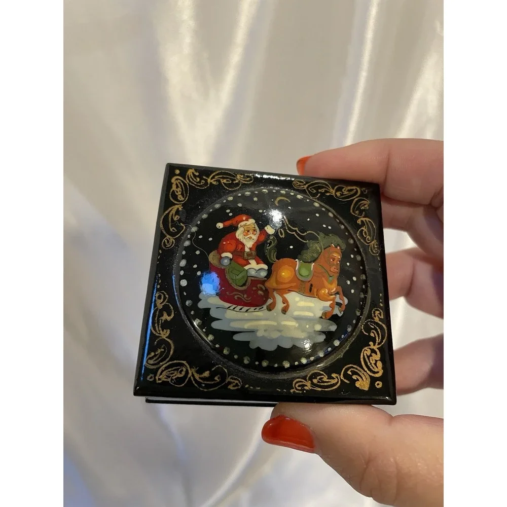 Vintage Black Lacquer Santa Claus Christmas Hand Painted Trinket Box